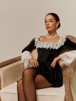 Discount Lace Trim Velvet Short Dress Black Dresses|Cocktail & Party Dresses