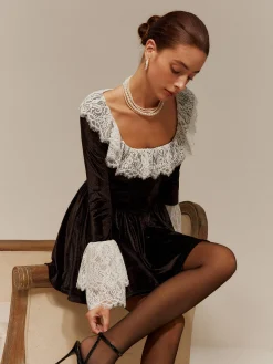 Discount Lace Trim Velvet Short Dress Black Dresses|Cocktail & Party Dresses