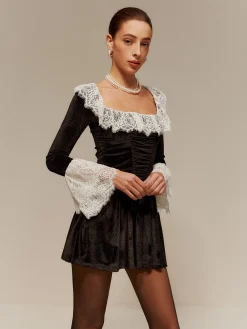Discount Lace Trim Velvet Short Dress Black Dresses|Cocktail & Party Dresses