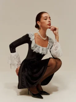 Discount Lace Trim Velvet Short Dress Black Dresses|Cocktail & Party Dresses