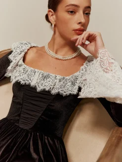 Discount Lace Trim Velvet Short Dress Black Dresses|Cocktail & Party Dresses