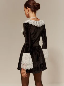 Discount Lace Trim Velvet Short Dress Black Dresses|Cocktail & Party Dresses