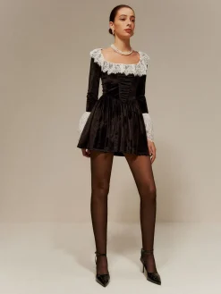 Discount Lace Trim Velvet Short Dress Black Dresses|Cocktail & Party Dresses