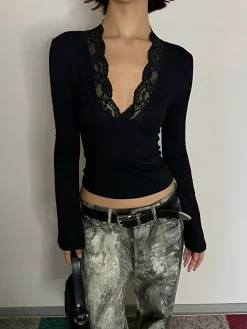 Discount Lace Trim V-Neck T-Shirt T-shirts|Tops