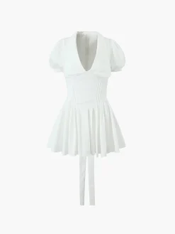 Outlet Lace Up Doll Collar Short Dress White Dresses|Casual Dresses
