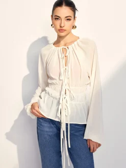 Best Lace Up Pleated Chiffon Shirt Tops