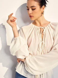 Best Lace Up Pleated Chiffon Shirt Tops