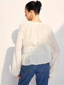 Best Lace Up Pleated Chiffon Shirt Tops