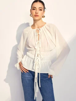 Best Lace Up Pleated Chiffon Shirt Tops