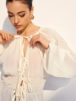Best Lace Up Pleated Chiffon Shirt Tops