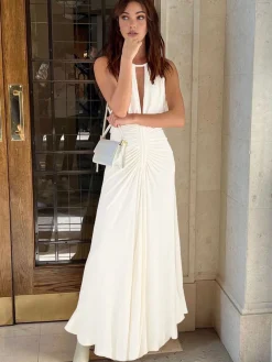 Discount Lace Up Pleated Halter Long Dress White Dresses|Work Dresses