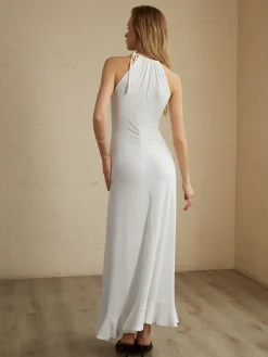 Discount Lace Up Pleated Halter Long Dress White Dresses|Work Dresses
