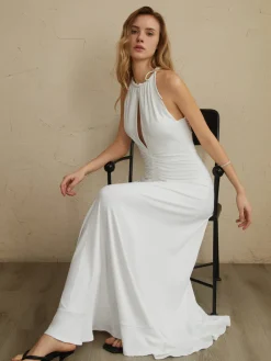 Discount Lace Up Pleated Halter Long Dress White Dresses|Work Dresses