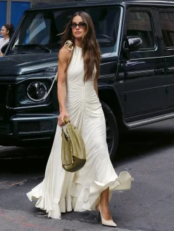 Discount Lace Up Pleated Halter Long Dress White Dresses|Work Dresses