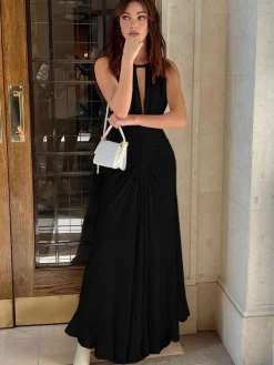 Discount Lace Up Pleated Halter Long Dress White Dresses|Work Dresses
