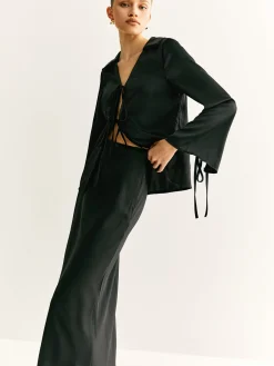 Online Lace Up Satin Midi Skirt Set Skirt Sets|Long Sleeve Sets