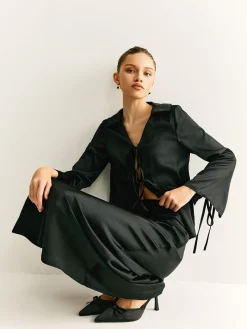 Online Lace Up Satin Midi Skirt Set Skirt Sets|Long Sleeve Sets