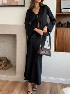 Online Lace Up Satin Midi Skirt Set Skirt Sets|Long Sleeve Sets