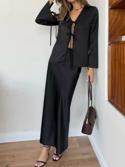 Online Lace Up Satin Midi Skirt Set Skirt Sets|Long Sleeve Sets