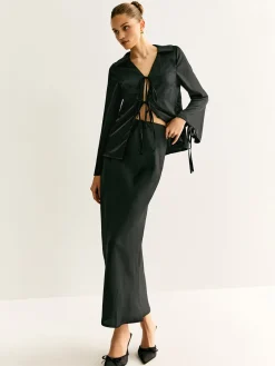 Online Lace Up Satin Midi Skirt Set Skirt Sets|Long Sleeve Sets