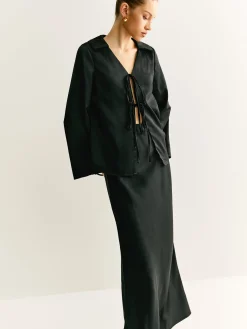 Online Lace Up Satin Midi Skirt Set Skirt Sets|Long Sleeve Sets