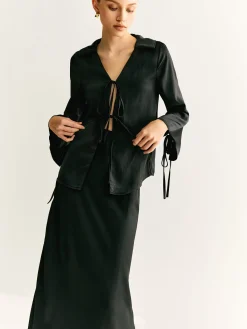 Online Lace Up Satin Midi Skirt Set Skirt Sets|Long Sleeve Sets