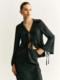 Online Lace Up Satin Midi Skirt Set Skirt Sets|Long Sleeve Sets