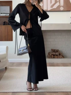 Online Lace Up Satin Midi Skirt Set Skirt Sets|Long Sleeve Sets