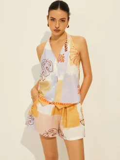 Online Lace-Up Backless Printed Shorts Set Shorts Sets|Shorts