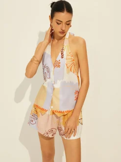 Online Lace-Up Backless Printed Shorts Set Shorts Sets|Shorts