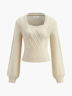 Hot Lantern Sleeve Cinched Waist Twist Sweater Knitwear|Tops