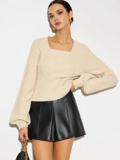 Hot Lantern Sleeve Cinched Waist Twist Sweater Knitwear|Tops