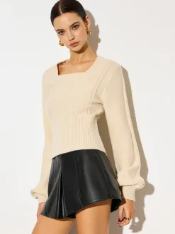 Hot Lantern Sleeve Cinched Waist Twist Sweater Knitwear|Tops