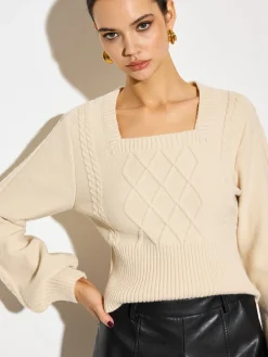 Hot Lantern Sleeve Cinched Waist Twist Sweater Knitwear|Tops