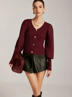 New Lantern Sleeve V-Neck Sweater Sweater Tops|Sweaters & Cardigans