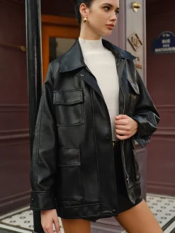 Sale Lapel Belted Zipper PU Leather Jacket Outerwear|Jackets