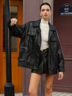 Sale Lapel Belted Zipper PU Leather Jacket Outerwear|Jackets