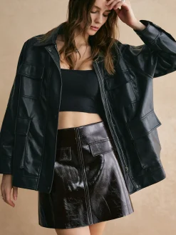 Sale Lapel Belted Zipper PU Leather Jacket Outerwear|Jackets