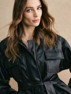 Sale Lapel Belted Zipper PU Leather Jacket Outerwear|Jackets