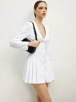 Sale Lapel Breasted Pleated Corset Dress White Dresses|Work Dresses