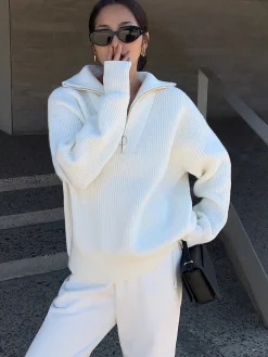 Outlet Lapel Half-Zipper Ribbed Sweater Sweater Tops|Sweaters & Cardigans