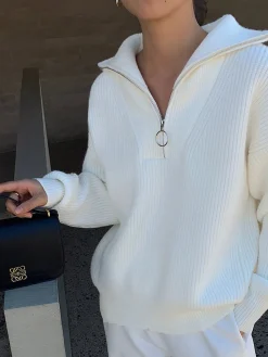Outlet Lapel Half-Zipper Ribbed Sweater Sweater Tops|Sweaters & Cardigans