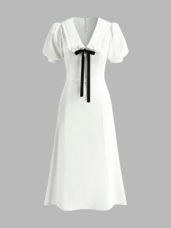 New Lapel Knotted Piping Zipper Dress White Dresses|Casual Dresses