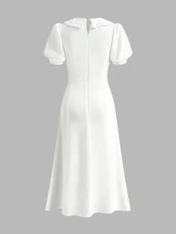 New Lapel Knotted Piping Zipper Dress White Dresses|Casual Dresses