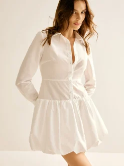 Online Lapel Panel Bud Waist Dress White Dresses|Casual Dresses