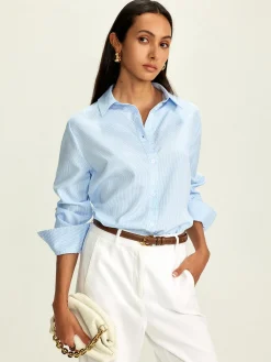 Clearance Lapel Pinstripe Versatile Shirt Blouses & Shirts|Tops