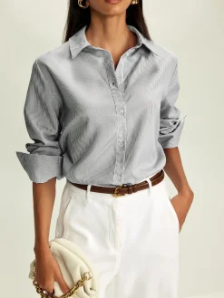 Clearance Lapel Pinstripe Versatile Shirt Blouses & Shirts|Tops
