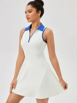 Hot Lapel Piping Active Jersey Dress White Dresses|Activewear