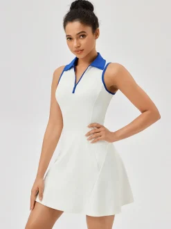 Hot Lapel Piping Active Jersey Dress White Dresses|Activewear