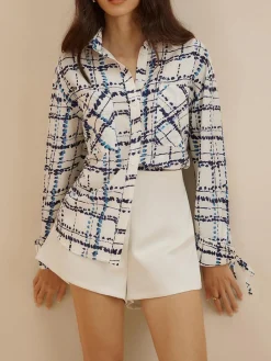 Online Lapel Plaid Printed Pockets Shirt Blouses & Shirts|Tops